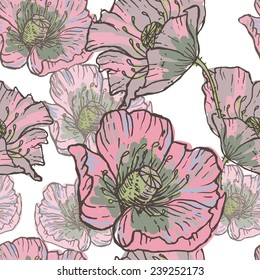 Hand drawn vintage pink poppy flowers seamless pattern . All objects are conveniently grouped  and are easily editable.