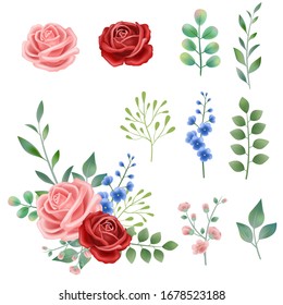 Hand drawn vintage pink, red blue blooming flowers closeup; rose, carnation vector illustration combination, plant leaves and leaves on white background, watercolor style, invitation design