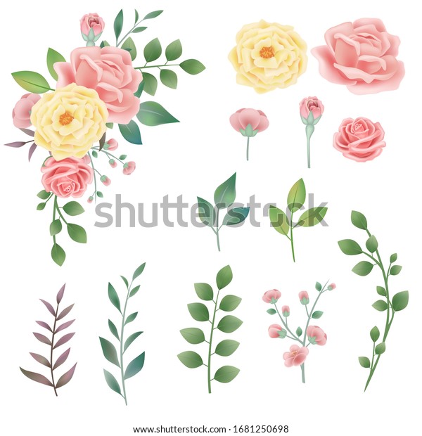 手描きのビンテージピンクの黄色いバラのベクター画像コンビネーションイラスト 花と葉のエレメント 招待状 レトロな植物の花 結婚式のスタイル 装飾 のベクター画像素材 ロイヤリティフリー