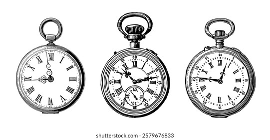 Hand drawn vintage pocket watch, vector illustration isolated on white