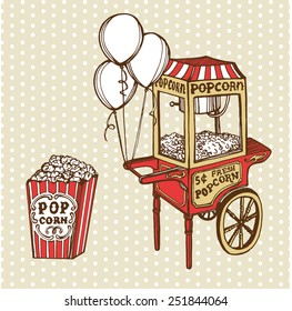 Hand Drawn Vintage Popcorn Machine, Balloons, Pop Corn Box. Polka Dot Background