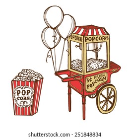 Hand Drawn Vintage Popcorn Machine, Balloons, Pop Corn Box