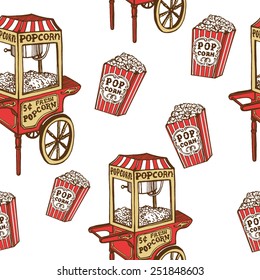 Hand drawn vintage popcorn seamless pattern. White background