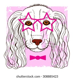Hand drawn vintage portrait of a fashion Cocker Spaniel. Can be used to design for T-shirt, card, poster, invitation. Dog with glasses and bow tie. Vector illustration