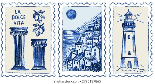 Hand drawn vintage postage stamp collection featuring lighthouse, coastal village, classical columns and Mediterranean architecture inspired by the Amalfi Coast