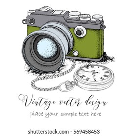 Hand drawn vintage postcard. Camera with pocket watch on a chainon. Vector illustration