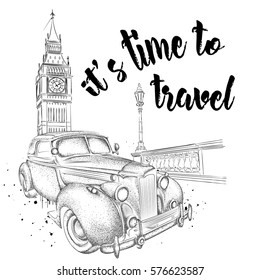 Hand drawn vintage postcard. A car on background.  London, Big Ben. Vector illustration