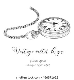 Hand drawn vintage postcard. A pocket watch on a chain and flowers. Vector illustration