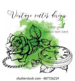 Hand drawn vintage postcard. A pocket watch on a chain and flowers. Vector illustration