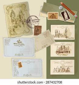 Hand drawn vintage postcards set with world landmarks scrapbooking template vector illustration