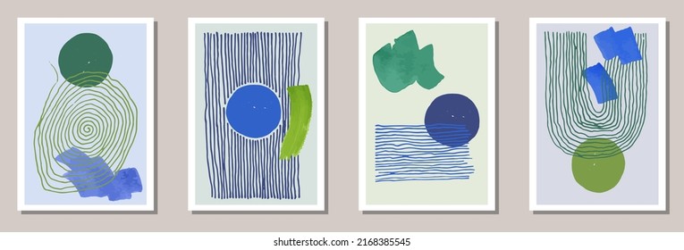 Hand drawn vintage postcards vector set. Watercolor blots backgrounds. 20s style design. Youth house decor templates. Brush stroke elements.