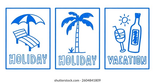Hand drawn vintage poster set with holiday theme, beach theme abstract poster set