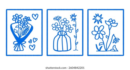 Hand drawn vintage poster set with flower theme, flower theme abstract poster set