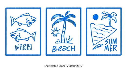 Hand drawn vintage poster set with holiday theme, beach theme abstract poster set