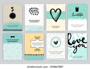 Hand drawn vintage posters set. Vector creative illustration. Romantic cards with text.