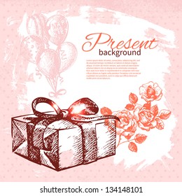 Hand drawn vintage present background with gift box. Vector illustration with splash design