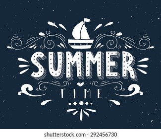 Hand drawn vintage print with a boat and hand lettering. This illustration can be used as a greeting card or as a print on T-shirts and bags.