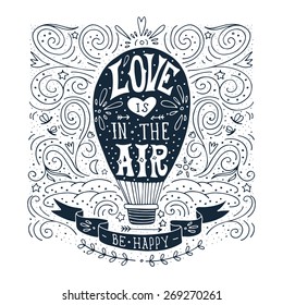 Hand Drawn Vintage Print With A Hot Air Balloon And Hand Lettering