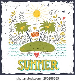 Hand drawn vintage print with an island, palm trees and hand lettering. This illustration can be used as a greeting card or as a print on T-shirts and bags.
