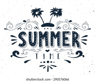 Hand drawn vintage print with an island, palm trees and hand lettering. This illustration can be used as a greeting card or as a print on T-shirts and bags.