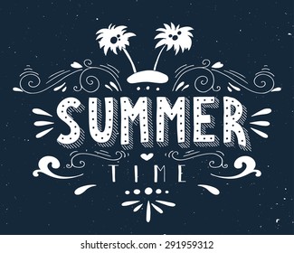 Hand drawn vintage print with an island, palm trees and hand lettering. This illustration can be used as a greeting card or as a print on T-shirts and bags.