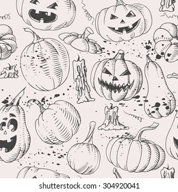 Hand drawn vintage pumpkins and candles seamless background