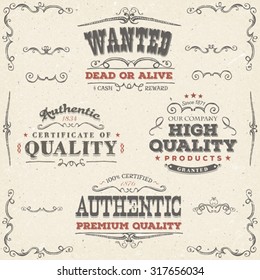 Hand Drawn Vintage Quality Banners And Labels/
Illustration of a set of hand drawn quality labels, wanted placard, sketched banners, floral patterns and graphic elements on grunge vintage background