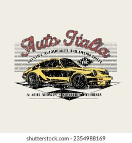 HAND DRAWN VINTAGE RACE CAR RACING AUTO AUTOMOBILE ITALIAN SPEED VEHICLE WHEELS DISTRESSED GRUNGE CRACKED TYPOGRAPHY TSHIRT TEE PRINT FOR APPAREL MERCHANDISE