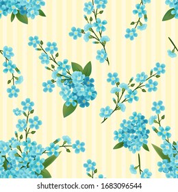 Hand drawn vintage realistic vector forget-me-not flowers seamless yellow background, blue flowers, blooming natural plants, wallpaper, print, textile, printable packaging background.