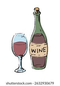 Hand drawn vintage red wine and bottle illustration