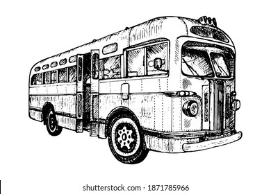 Hand drawn vintage retro city bus, doodle sketch graphics monochrome tracing vector illustration on white background