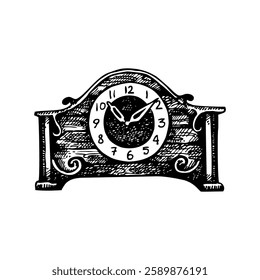 Hand drawn vintage retro clock, sketch illustration
