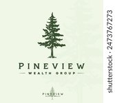Hand drawn vintage retro evergreen forest pine cedar spruce cypress hemlock tree logo design vector