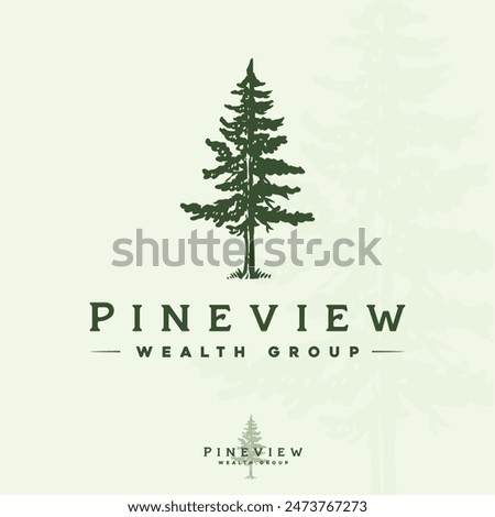 Hand drawn vintage retro evergreen forest pine cedar spruce cypress hemlock tree logo design vector