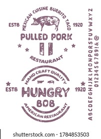 Hand drawn vintage retro font. Outdoor advertising of American restaurants and eateries inspired typeface. Textured unique brush script style alphabet. Letters and numbers. Vector Illustration.
