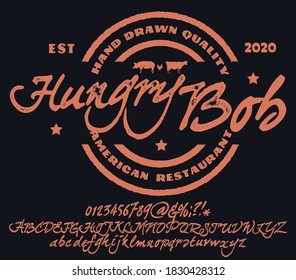 Hand drawn vintage retro font. Outdoor advertising of American restaurants and eateries inspired typeface. Textured unique brush script style alphabet. Letters and numbers. Vector Illustration.