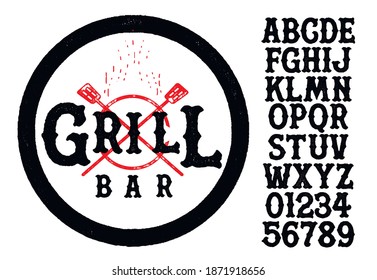 Hand drawn vintage retro font. Outdoor advertising of American restaurants and eateries inspired typeface. Textured unique brush script style alphabet. Letters and numbers. Vector Illustration.