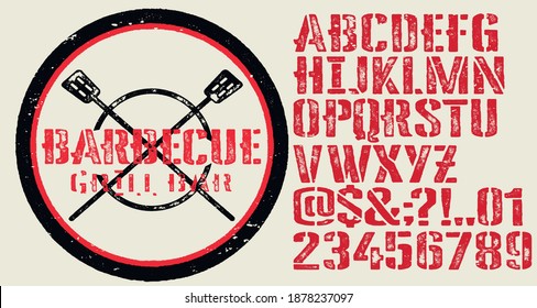 Hand drawn vintage retro font. Outdoor advertising of American restaurants and eateries inspired typeface. Textured unique brush script style alphabet. Letters and numbers. Vector Illustration.