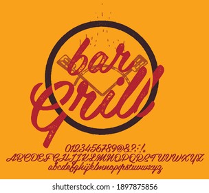 Hand drawn vintage retro font. Outdoor advertising of American restaurants and eateries inspired typeface. Textured unique brush script style alphabet. Letters and numbers. Vector Illustration.