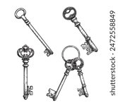 Hand drawn vintage retro keys set. Sketch style, engraved ancient keys with ornaments. Vector illustrations collection.