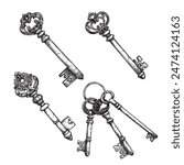 Hand drawn vintage retro keys set. Sketch style, engraved ancient keys with ornaments. Vector illustrations collection.