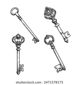 Hand drawn vintage retro keys set. Sketch style, engraved ancient keys with ornaments. Vector illustrations collection.