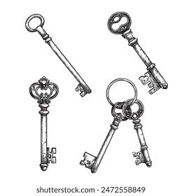 Hand drawn vintage retro keys set. Sketch style, engraved ancient keys with ornaments. Vector illustrations collection.