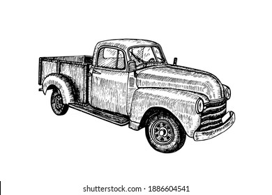 Hand drawn vintage retro oldtimer car pickup, doodle sketch graphics monochrome vector tracing illustration on white background