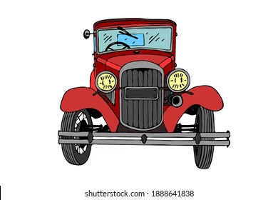 Hand drawn vintage retro red car, doodle sketch graphics vector tracing illustration colorful on white background