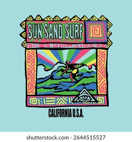 MÃO DESENHADA VINTAGE RETRO SURF PRAIA OCEANO 90S 80S PESSOA ESPORTE ATIVIDADE ABSTRATO TSHIRT TEE PRINT PARA VESTUÁRIO MERCADORIA