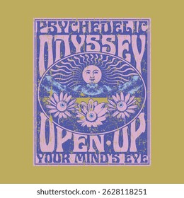 MÃO DESENHADA VINTAGE RETRO TRIPPY HIPPY PAISAGEM PSICODÉLICA OLHOS SUN MOUNTAIN FLOWER FLORAL 60S 70S TSHIRT TEE PRINT PARA MERCADORIA DE VESTUÁRIO