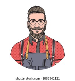 Hand Drawn Vintage Retro Vector illustration of Happy Handsome Hipster Barber coloured