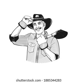 Hand Drawn Vintage Retro Vector illustration of Happy Farmer Black and white