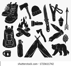 hand drawn vintage rustic forest camp icons. knifes, camp fire, crossed axes simple logo stamp silhouette hiking elements for retro graphic design. tools, adventure, exploration, traveller objects